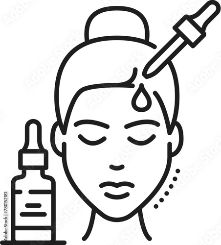 Face peeling icon for cosmetology and skincare or cosmetic product, line vector. Bottle and dropper with serum drop in outline icon for chemical peeling or face skincare treatment linear pictogram