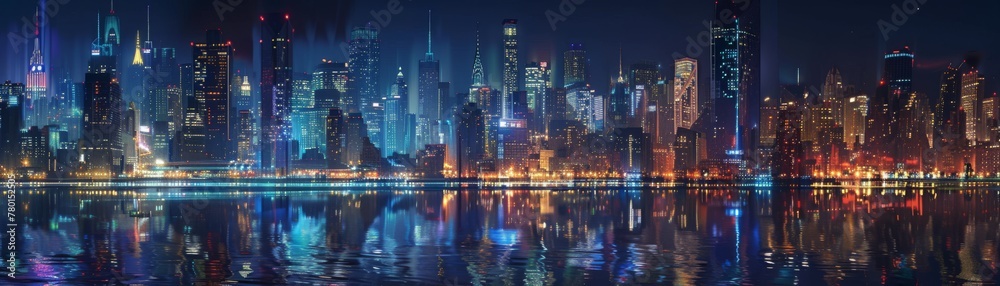 Immerse yourself in the urban charm of a night cityscape, where the glittering lights reflect off the river amidst the towering presence of skyscrapers.