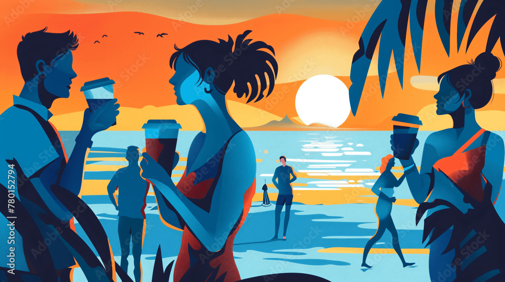 graphic with young people drinking coffee, mood with blue color, at sunset on the beach 