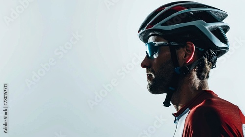 CYCLIST in profile on gray background with helmet and glasses