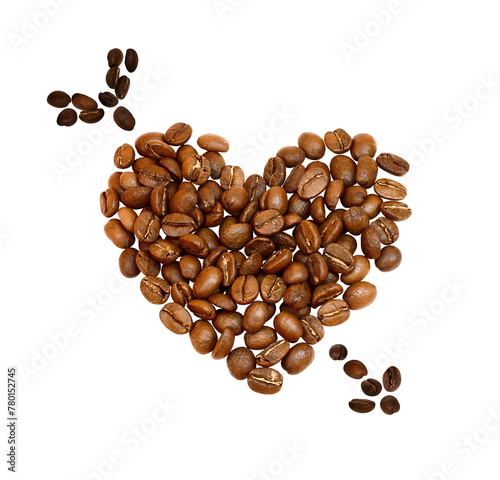 Many whole coffee beans in arrow pierced heart shape isolated on transparent background. High quality grains png. Heap top view. Photo for cosmetic packaging design, advertising concept. Energy source