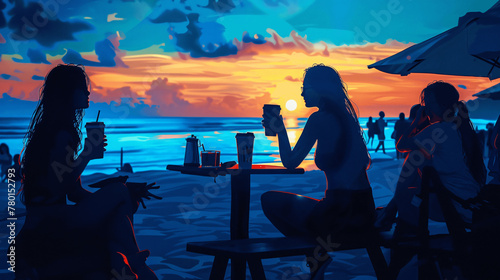 graphic with young people drinking coffee, mood with blue color, at sunset on the beach 