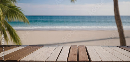 Wooden table over blur tropical beach background  product display montage