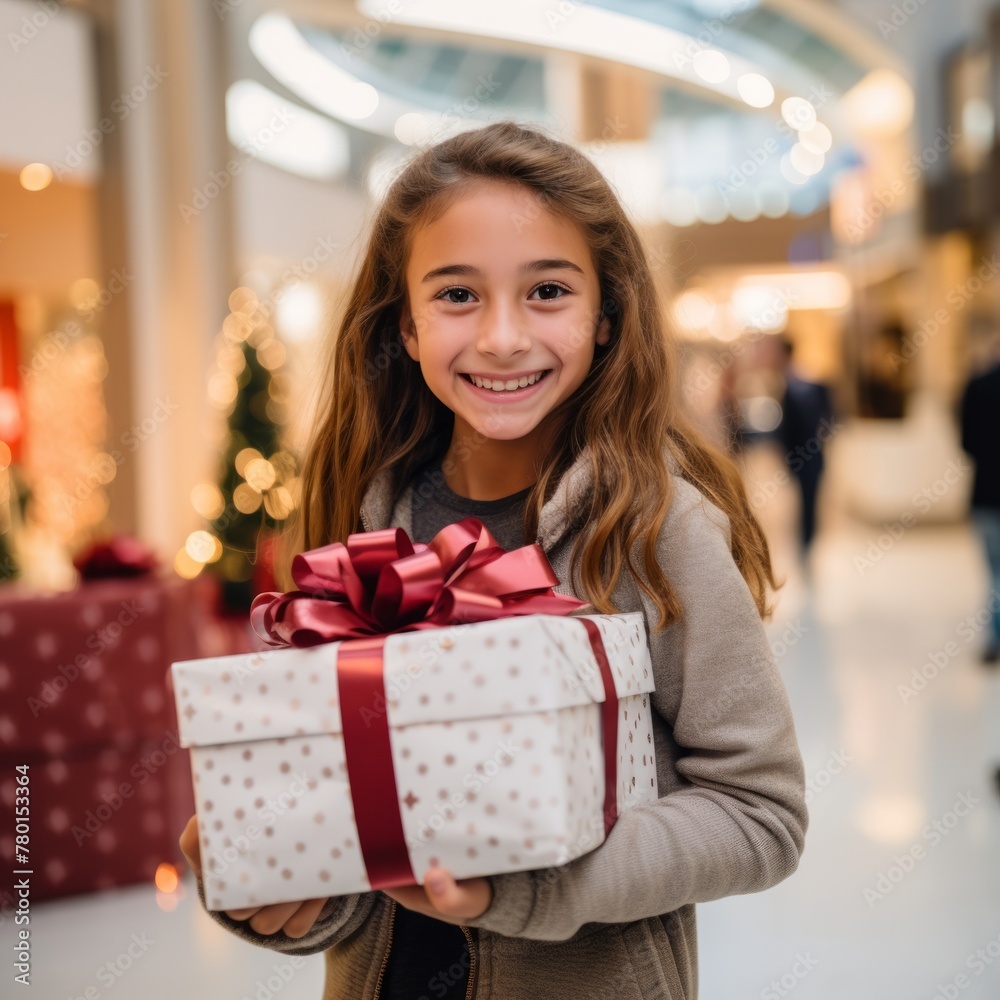 A smiling girl holding a wrapped holiday gift, epitomizing the spirit of giving and festive joy, ideal for holiday themes A smiling girl holding a wrapped holiday gift, epitomizing the spirit of giving and festive joy, ideal for holiday themes