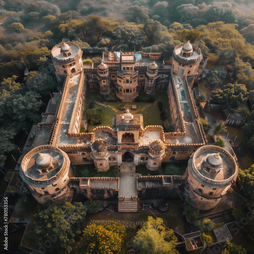 An aerial view of a beautiful grand castle in Rajasthan, India