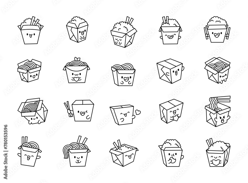 Funny cartoon wok box with Asian food. Coloring Page. Noodle and rice. Kawaii character. Hand drawn style. Vector drawing. Collection of design elements. Funny cartoon wok box with Asian food. Coloring Page. Noodle and rice. Kawaii character. Hand drawn style. Vector drawing. Collection of design elements.