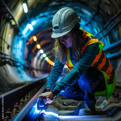 Female engineer with hard hat and safety vest crouches on the ground, using a blue flashlight checking train tracks in a dark tunnel
