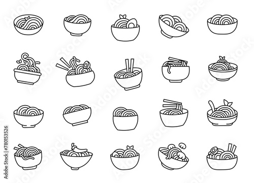 Noodles bowl and chopsticks. Coloring Page. Ramen food. Hand drawn style. Vector drawing. Collection of design elements.