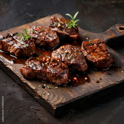 grilled beef steaks with spices on wooden cutting board
