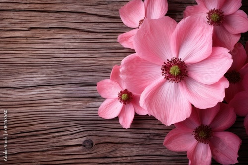 Soft pink flowers elegantly displayed on a wooden background, perfect for a serene and sophisticated floral arrangement theme with space for text on the side.