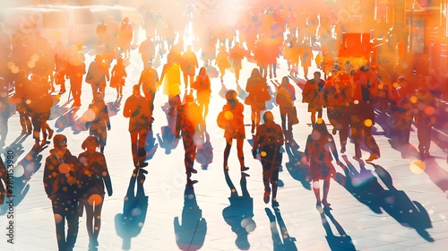 a crowd of people walking in the morning sunlight photo
