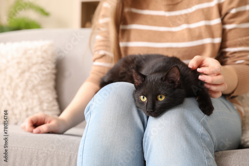 Woman with cute black cat sitting on sofa in living room