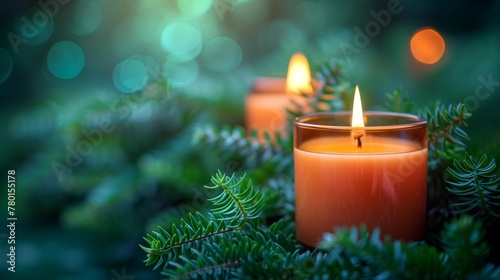Brightly lit candles flickering against a softly blurred scene of greenery