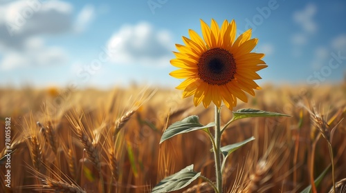 Bright yellow sunflower standing tall in a golden wheat field