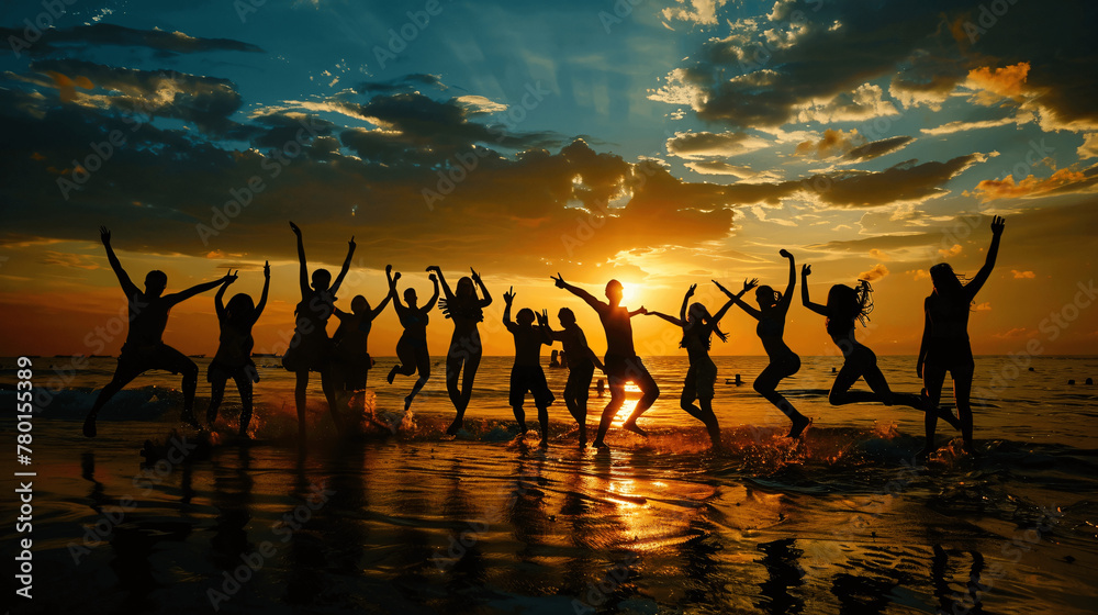 This image captures a group of people silhouetted against a vibrant sunset at the beach. They are in various poses of dance and celebration, with their arms raised, seemingly in mid-motion, which conv