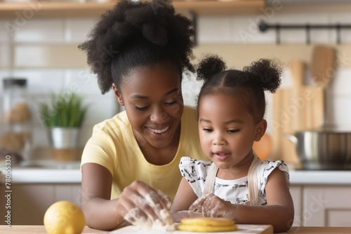 Loving young African American mother teaches small biracial daughter bake in kitchen, happy, caring ethnic mom and little girl child prepare pancakes or biscuits and make breakfast at home together.