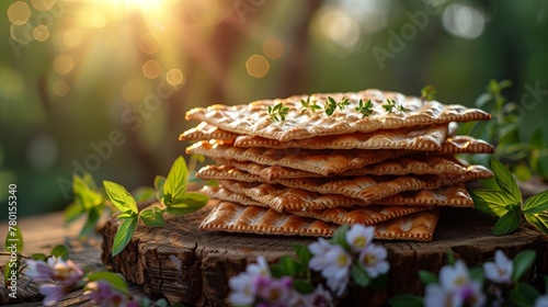 Decorative Passover matzah displayed against a blurred background of lush spring foliage