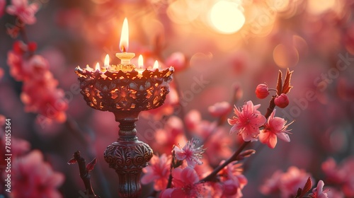 Burning candle in the garden for celebration, Candle burning around Spring flowers
