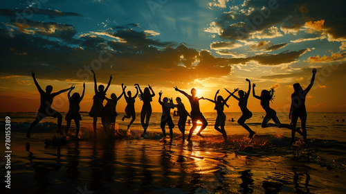 This image captures a group of people silhouetted against a vibrant sunset at the beach. They are in various poses of dance and celebration  with their arms raised  seemingly in mid-motion  which conv