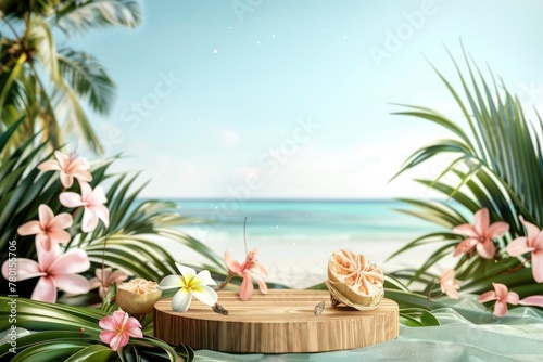 Summer product display on wooden podium at sea tropical beach - generative ai photo