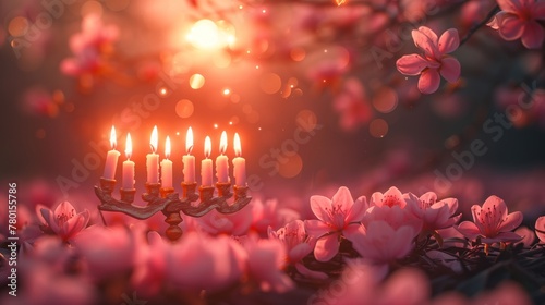 Glowing menorah shining against a softly blurred backdrop of spring foliage, Burning candles surrounded Spring flowers