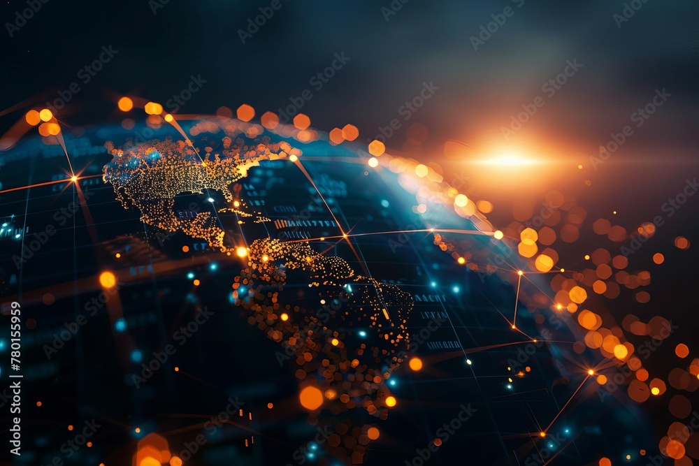 Global network connectivity concept with digital world globe and high-speed data transfer - Cyber technology, information exchange, and international telecommunication on Earth - obrazy, fototapety, plakaty 