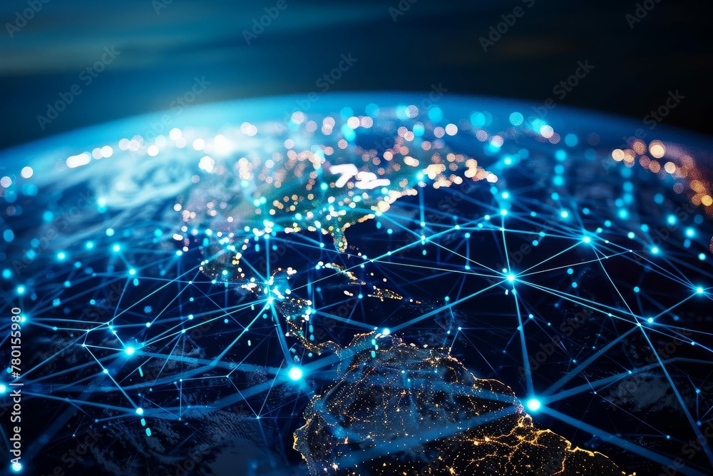 Global network connectivity concept with digital world globe and high-speed data transfer - Cyber technology, information exchange, and international telecommunication on Earth