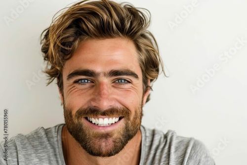 Closeup portrait of a handsome man with clean teeth smiling - Fresh stylish hair and beard, strong jawline, isolated on white background for dental ad