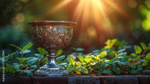 Elijahs cup placed on a table against blurred garden background with copy space, an ancient glass