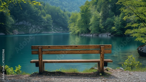 Empty bench on the lake,  backside of a bench, 
Rustic wooden bench on a tranquil blue lake