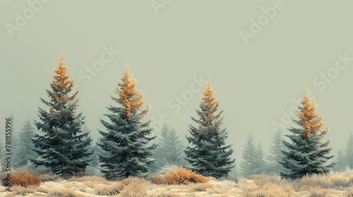 Towering pine trees on solid background, Christmas tree with copy space
