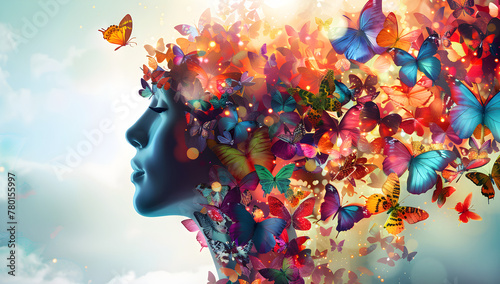 World autism awareness day banner featuring a human head formed by a multitude of colorful butterflies. © NE97