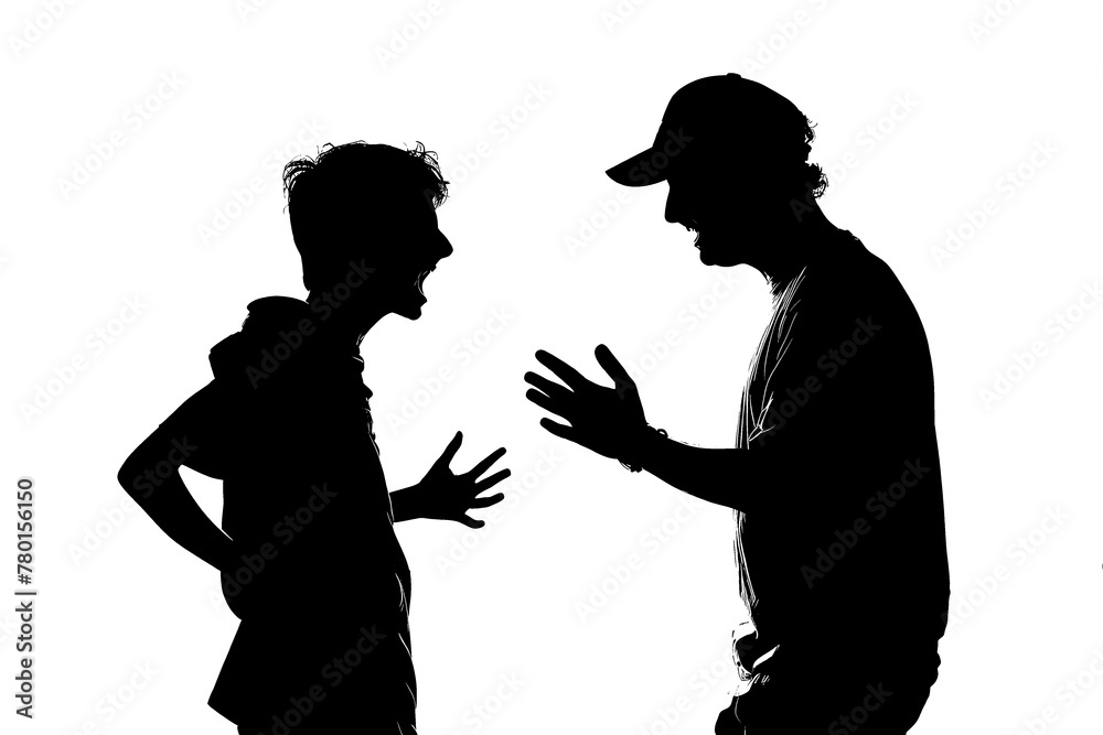 Silhouette outline of a father and son arguing on white.