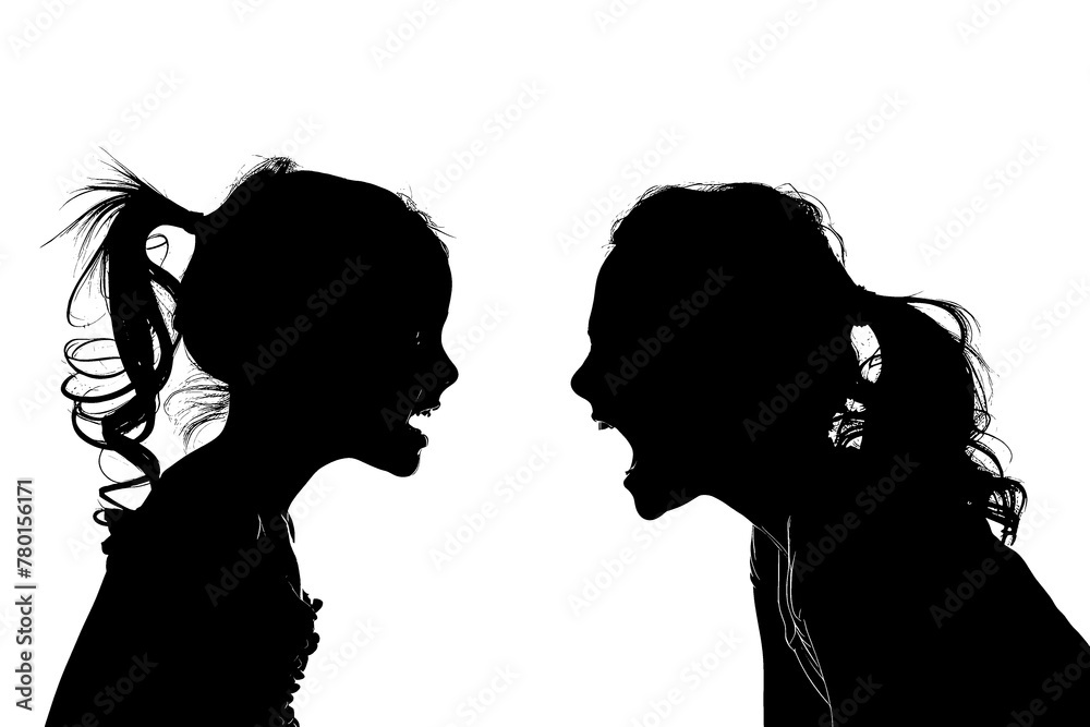 Silhouette outline of a mother and daughter arguing on white.