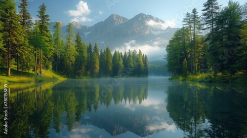 Towering pine trees reflected in a calm mountain lake