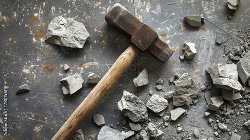 A sledgehammer and broken stone fragments on a gray background.