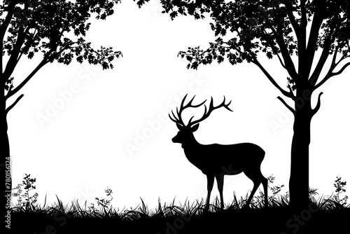 Silhouette outline of a deer in a forest on white.