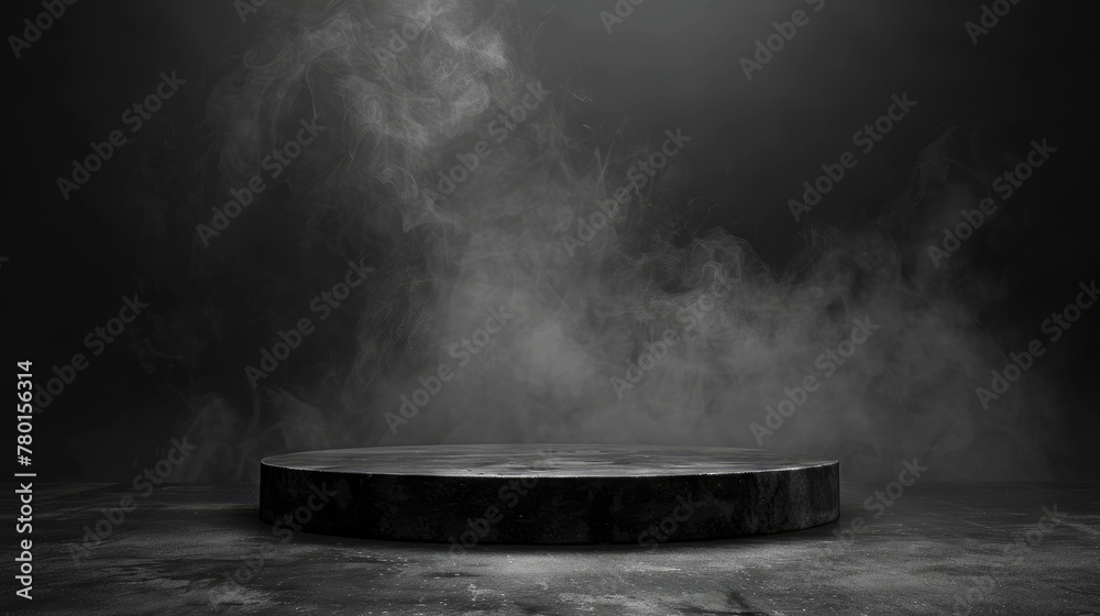 Black podium, black smoke, platform background, product, stage, abstract, surface, fog, spotlight Dark black floor podium, table, empty night room