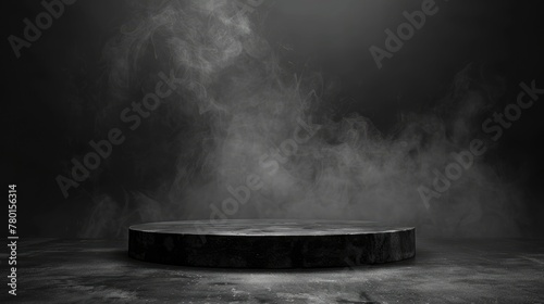 Black podium, black smoke, platform background, product, stage, abstract, surface, fog, spotlight Dark black floor podium, table, empty night room