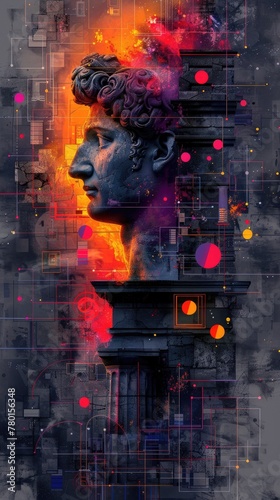 Psychedelic visual trends  surreal antique greek god sculpture  roman column  statues  vibrant neon colors  creating a mesmerizing and avant-garde fusion of past and present