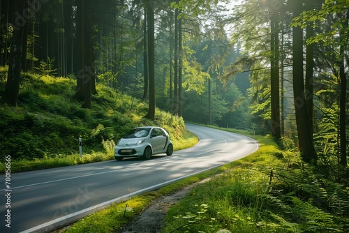 Green electric car driving on a winding forest highway - Eco-friendly road trip through nature with a sustainable vehicle