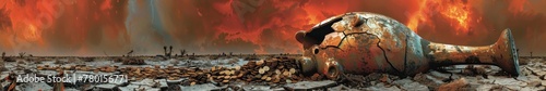 An empty piggy bank lies broken and abandoned on dry, cracked land under an apocalyptic red sky, signifying the end of financial security and the onset of economic decay