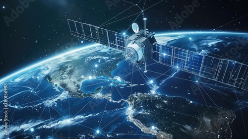 Telecommunications satellites orbiting the earth with holographic datum, future technology for online connectivity.