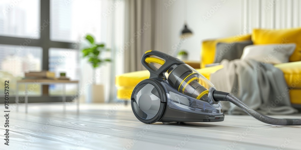 A detailed view of a modern vacuum cleaner placed on the floor, ready for cleaning