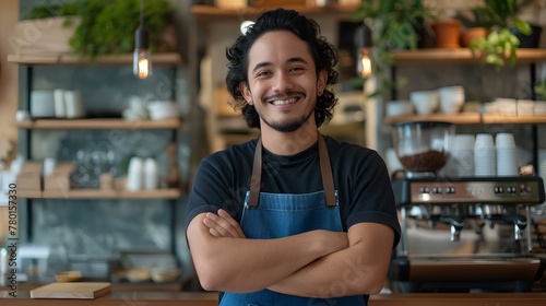a smiling young mixed race male cafe owner standing with arms crossed at the counter in a coffee shop, looking happy and confident, wearing a blue apron. small business concept. generative AI
