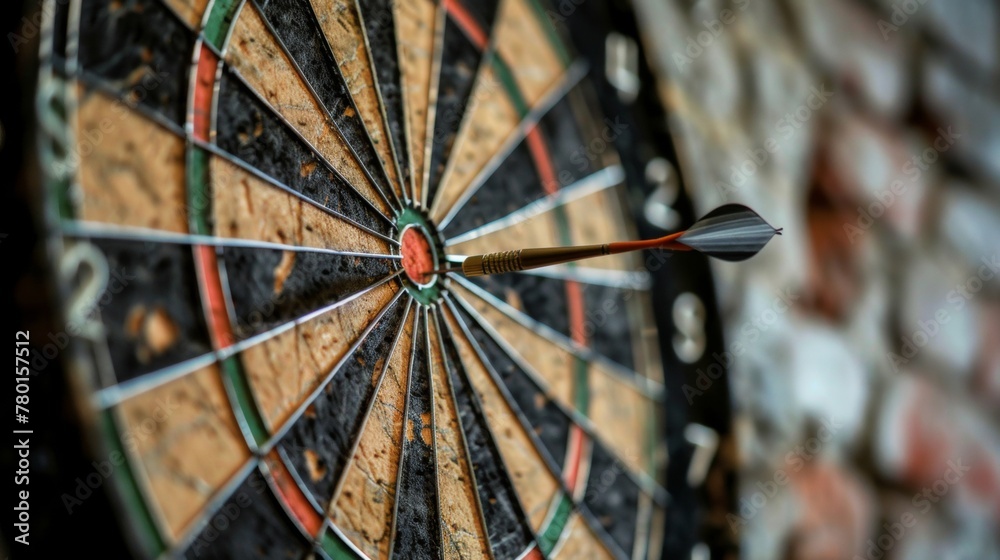 Close-up view of a dart hitting directly in the bullseye of a dartboard with accuracy