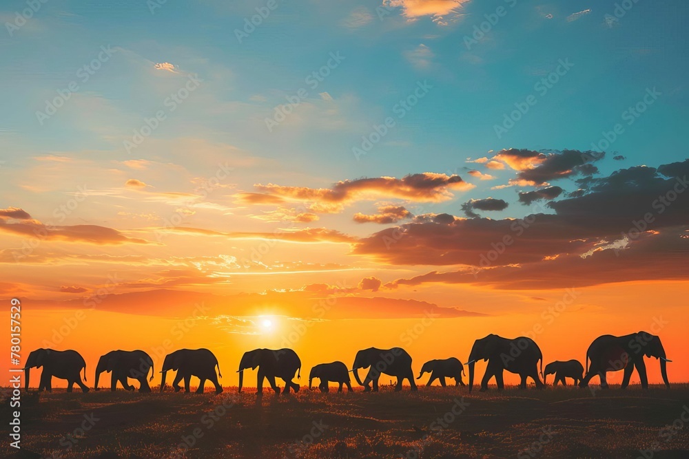 Silhouette of Elephant Herd Walking at Sunset, African Wildlife Landscape
