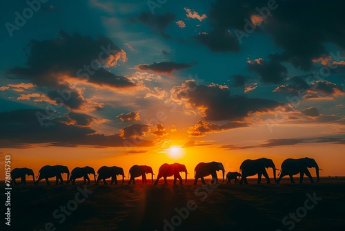 Silhouette of Elephant Herd Walking at Sunset, African Wildlife Landscape