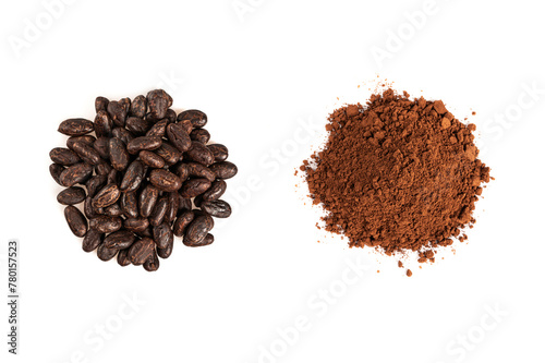 Cocoa beans with cocoa powder isolated on white