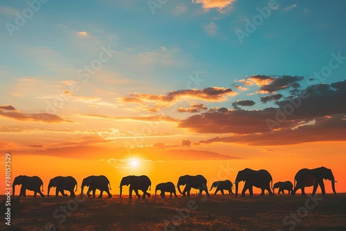 Silhouette of Elephant Herd Walking at Sunset, African Wildlife Landscape © Lucija